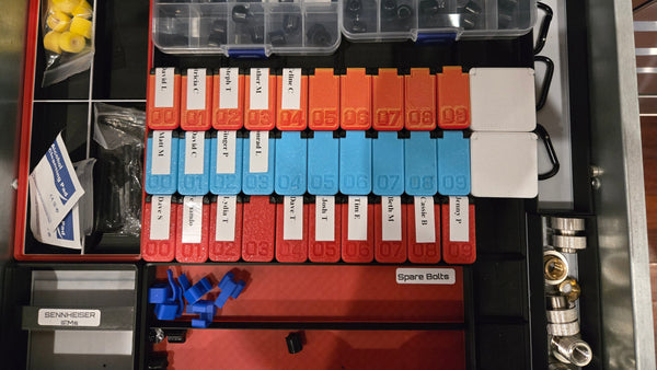 Organized drawer with labeled compartments containing various tools and equipment.