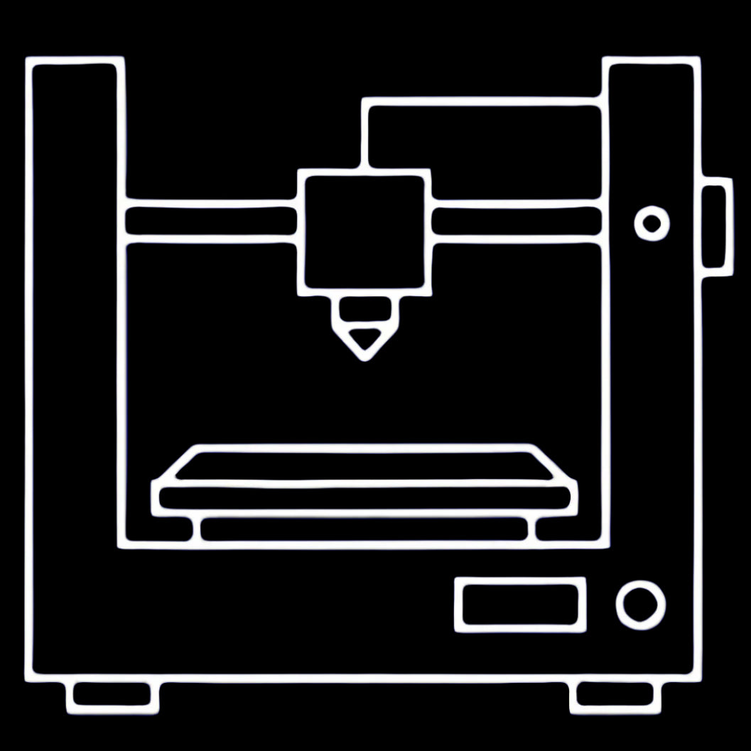 White outline of a 3D printer on a black background with '3D PRINTING' text below.